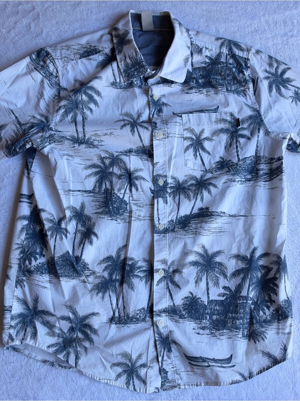 Hurley Shirt Mens M White Blue Palm Tree Island Print Short Sleeve Button Down
